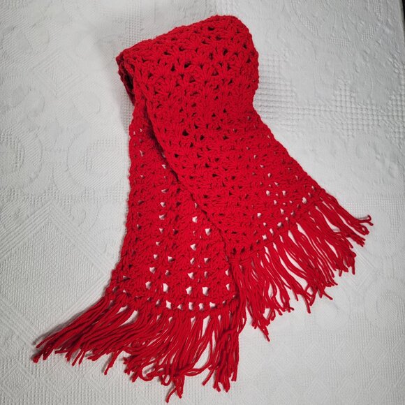Vintage homemade scarf crocheted bright red fringe 7' long‎ - Picture 7 of 8